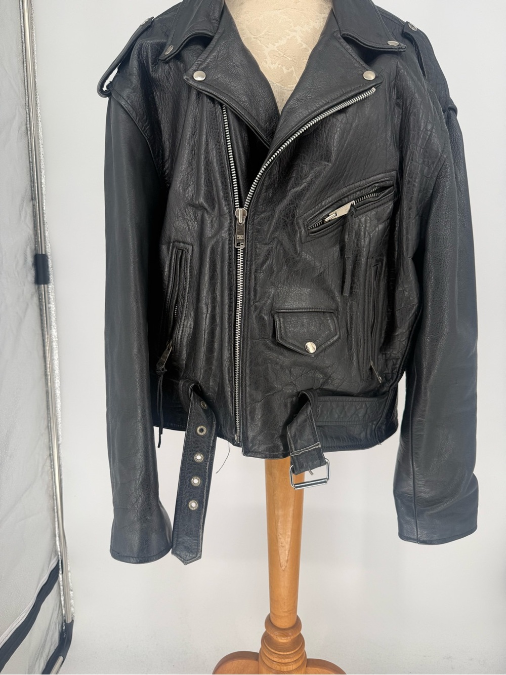 Vintage Black Leather Biker Bomber Jacket